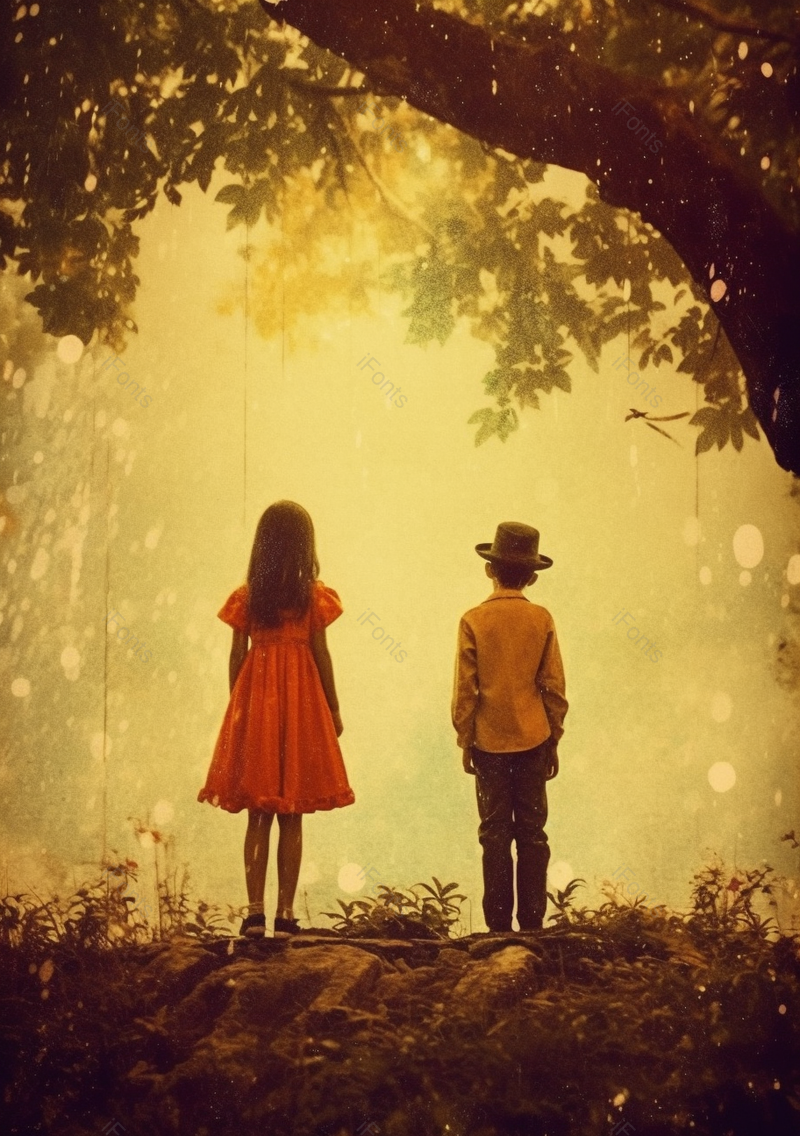 户外大树下戴帽子的男孩和穿裙子的女孩实拍图摄影图,插画/手绘图,插画/手绘图库,插画/手绘图下载,插画/手绘